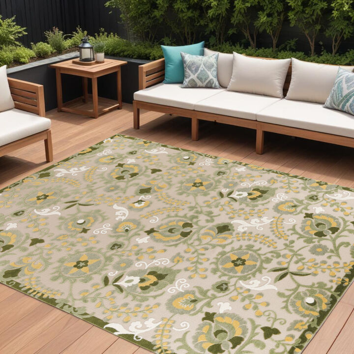 HomeRoots 12' X 15' Ivory Green And Yellow Floral Indoor Outdoor Area Rug