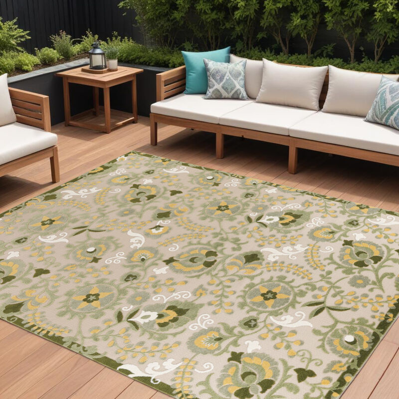 HomeRoots 12' X 15' Ivory Green And Yellow Floral Indoor Outdoor Area Rug image number 1