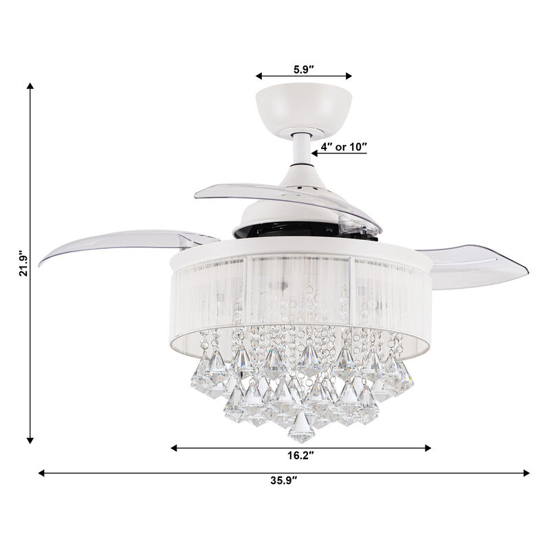 36 in. White Retractable 3 Blades Crystal Ceiling Fan Chandelier with Remote