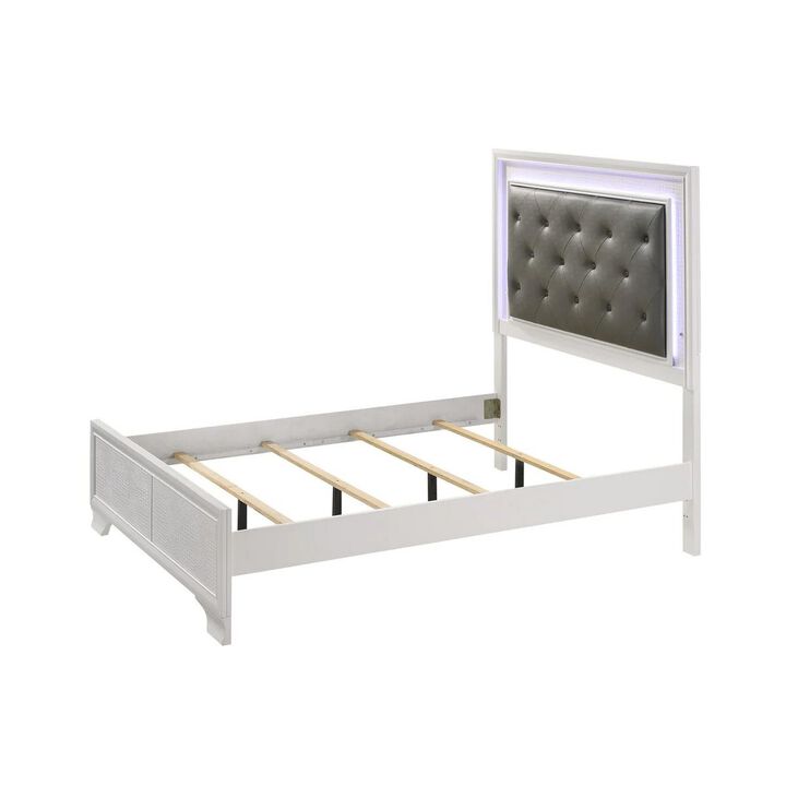 Benjara Lise Full Size Bed, Fabric Upholstery, LED Lit, Modern Wood, White and Gray