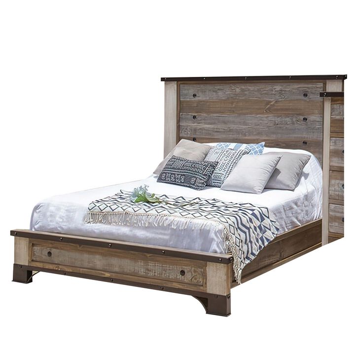 Fena Queen Size Bed, Round Black Nailheads, Distressed, Multicolor Brown