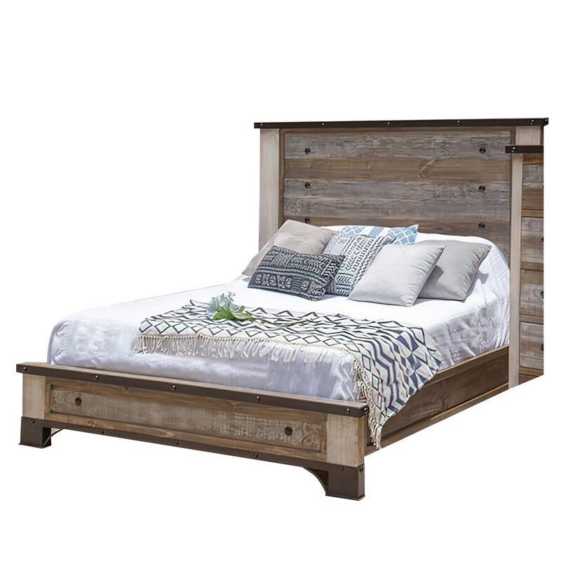 Fena Queen Size Bed, Round Black Nailheads, Distressed, Multicolor Brown