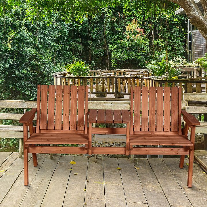 Wooden Garden Bench with Umbrella Hole & Middle Table, Outdoor Loveseat, 2 Person Chair for Garden, Patio, Balcony, Orange