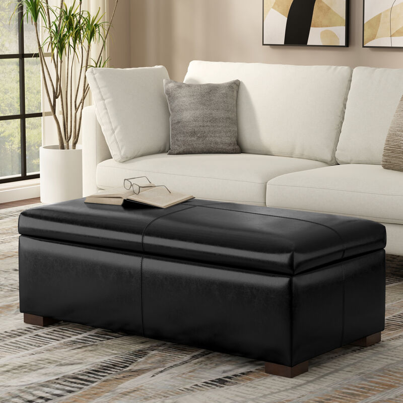 Gabbie 48 inch Wide Contemporary Rectangle Rectangular Storage Ottoman in Midnight Black PU Black faux leather, Assembled