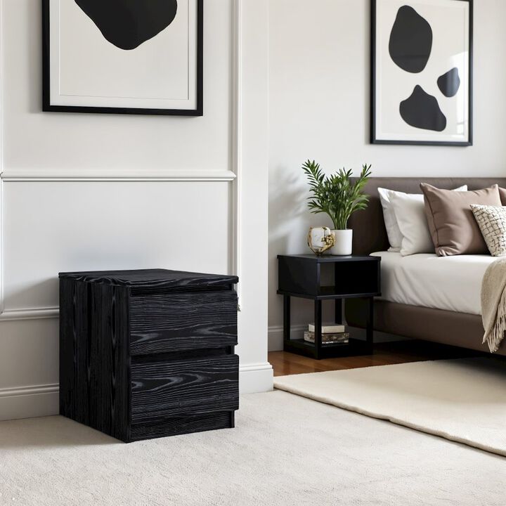 Furnifact Black 2 Drawer Nightstand - Bedroom Bedside Drawer Storage Furniture