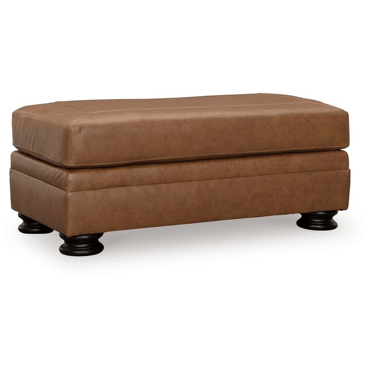 Aida 44 Inch Ottoman, Plush Cushion Top, Caramel Brown Genuine Leather - Benzara