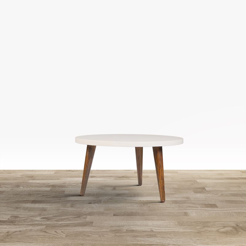 24 Inch Modern Coffee Table, Round Off White MDF Top, Tapered Brown Mango Wood Legs