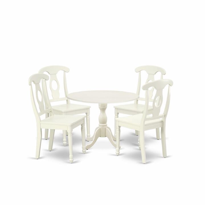 East West Furniture DMKE5-LWH-W 5 Piece Dining Set Consists of 1 Drop Leaves Dining Room Table and 4 Linen White Dining Room Chairs with Napoleon Back - Linen White Finish