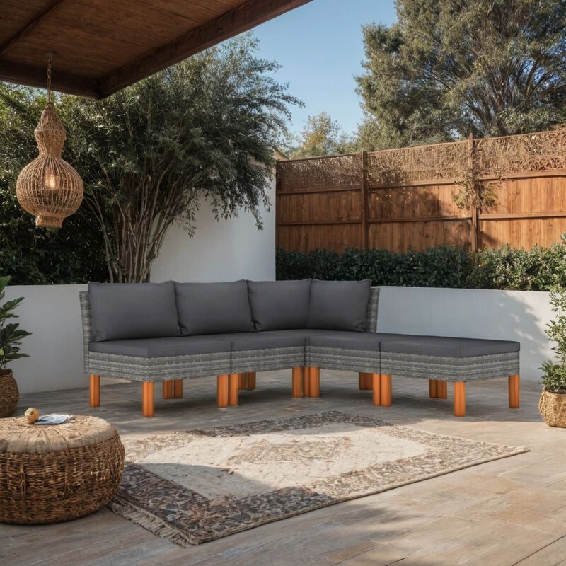 Casey 5pc Outdoor Modular Lounge Sofa Set, Gray Rattan, Brown Wood - Benzara