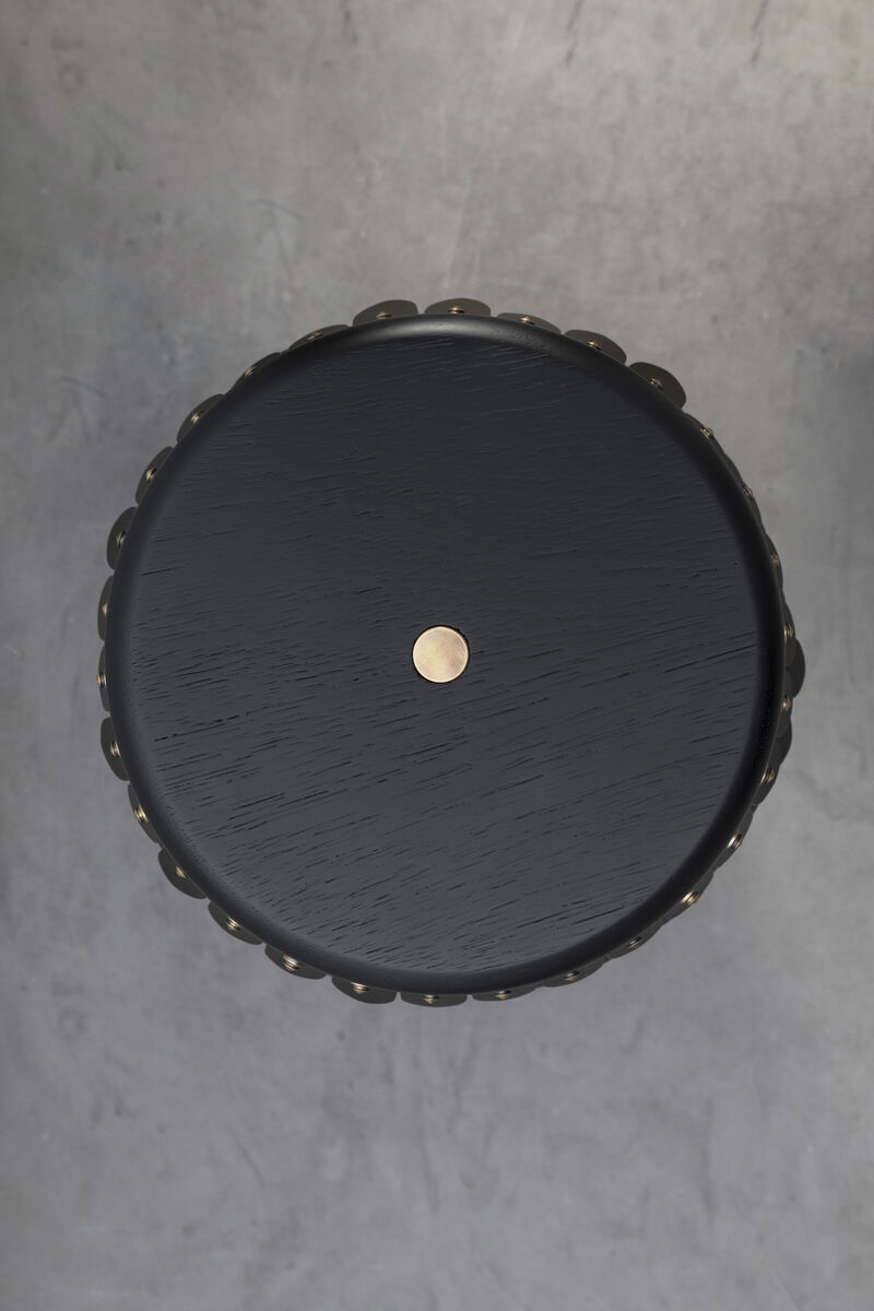 SITIERA_01 Solid Wood Stool, with Olivo Thick Leather Accents, and Aged Bronze by ANDEAN, In Stock