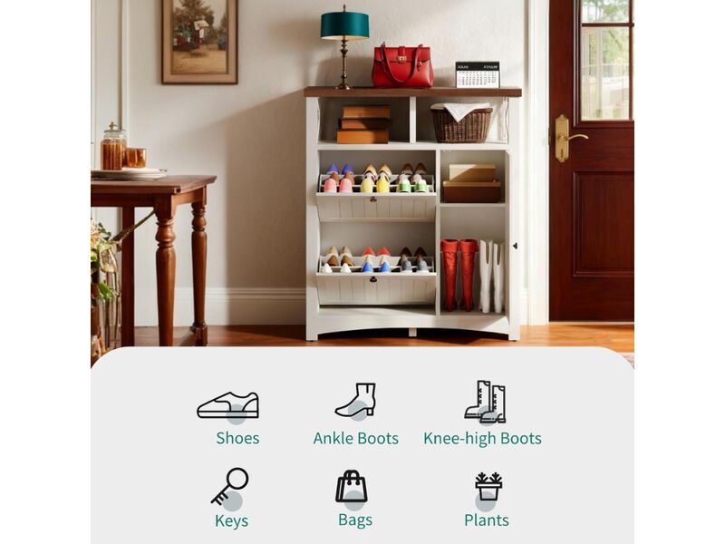 Entryway Wood Shoe Storage Cabinet Flip Drawer Adjustable Shelves White image number 1