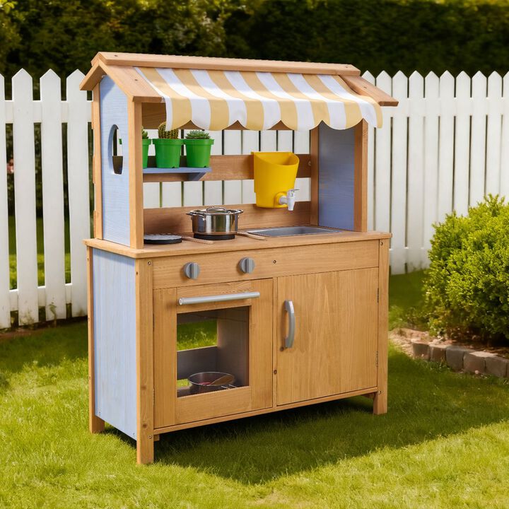 Wooden Outdoor Play Kitchen for Kids with Sink, Water Tank and Accessories-Natural