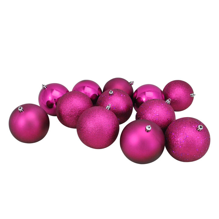 12ct Pink Shatterproof 4-Finish Christmas Ball Ornaments 4" (100mm)