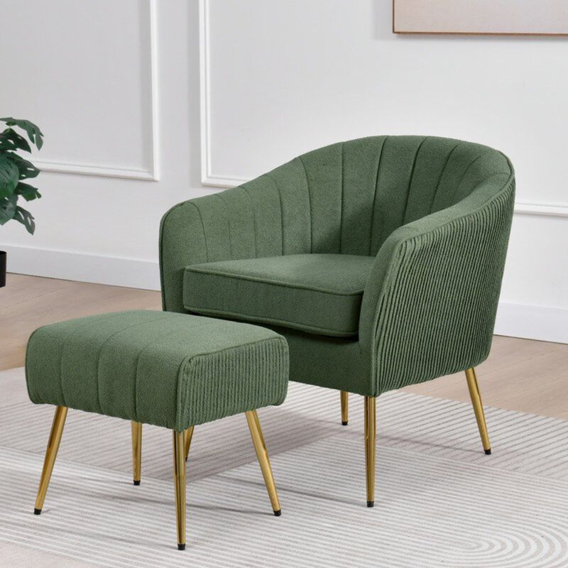 Best Quality Furniture 2 Piece Barrel Chair With Matching Ottoman In Green And Gold