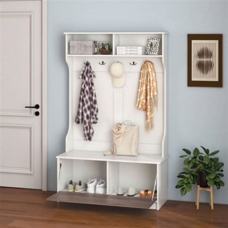 Entryway Bench Coat Rack Shoe Storage Cabinet in Wood Finish