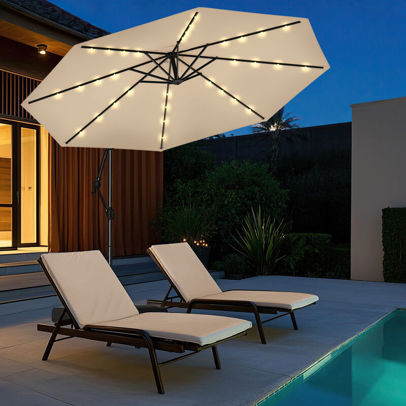 Solar Offset Umbrella with 32 LED Lights &ndash; Hanging Patio Shade with Base