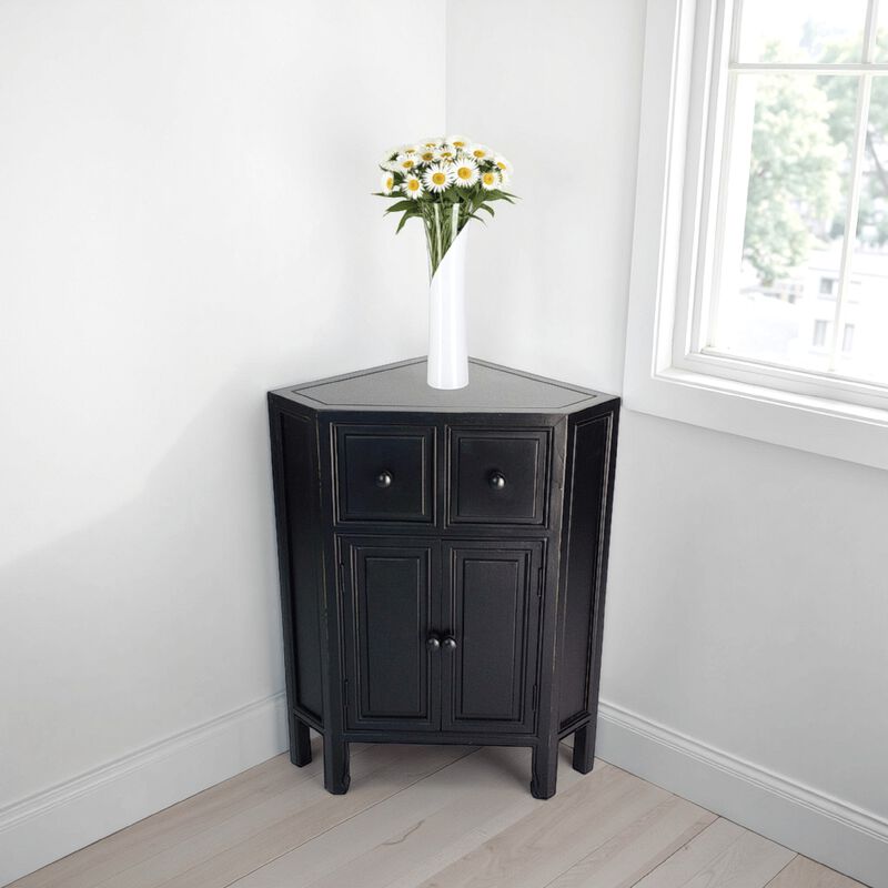 30 Inch Wooden 2 Door Corner Cabinet with 2 Drawers, Black - Benzara