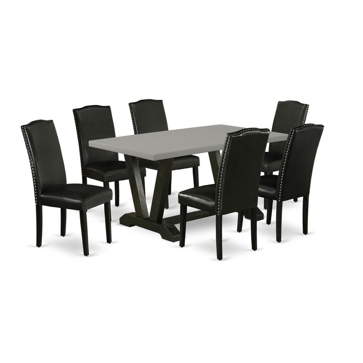 East West Furniture V696EN169-7 7-Pc Dining Room Table Set - 6 Dining Chairs and 1 Modern Rectangular Cement Dining Table with High Stylish Chair Back - Wire Brushed Black Finish