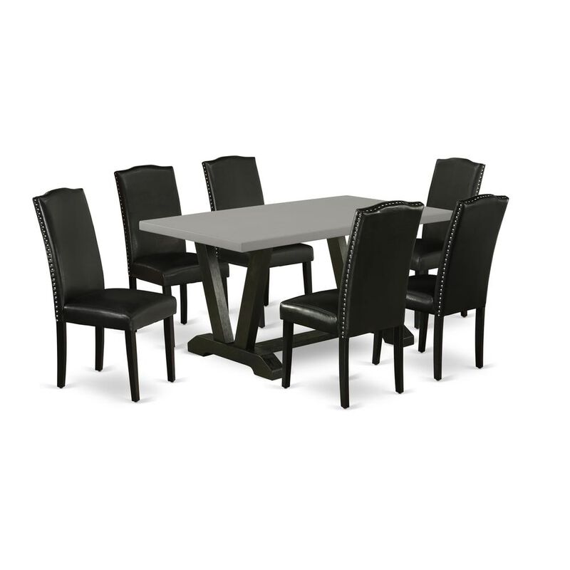 East West Furniture V696EN169-7 7-Pc Dining Room Table Set - 6 Dining Chairs and 1 Modern Rectangular Cement Dining Table with High Stylish Chair Back - Wire Brushed Black Finish