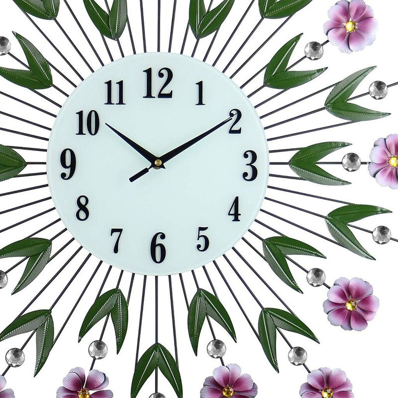 HomeRoots 27" Purple Green And White Metal and Glass Silent Analog Floral Round Wall Clock image number 2