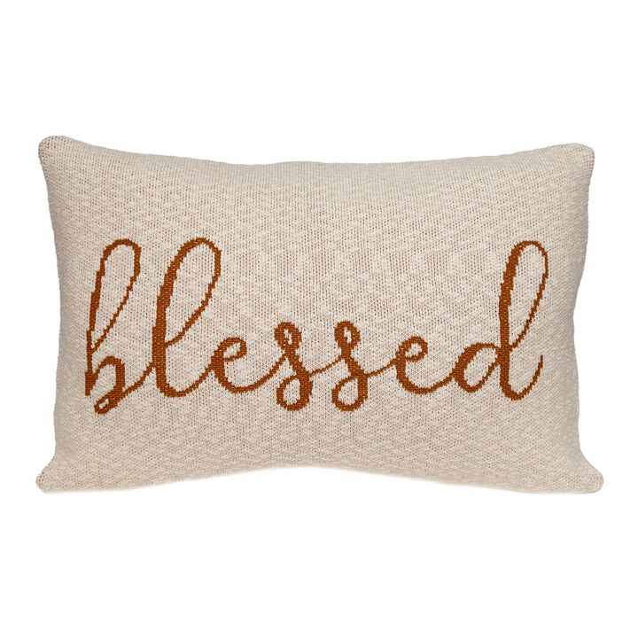 24" Beige and Brown Knitted Blessed Print Rectangular Throw Pillow
