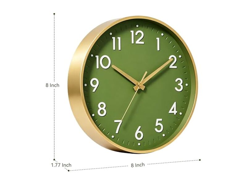 Olive Green Gold Wall Clock 8 Inch Silent Non Ticking Modern Battery Operated image number 2
