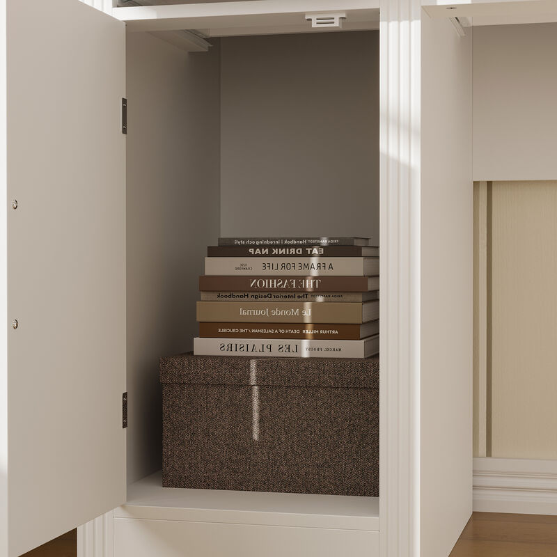 FUFU&GAGA Rustic Office Desk with Transparent Glass Doors, Shelves, Multiple Drawers, Large Storage Space, and Power Strip, (57.9 in. W x 10.7 in. D x 78.7 in. H), White and Black