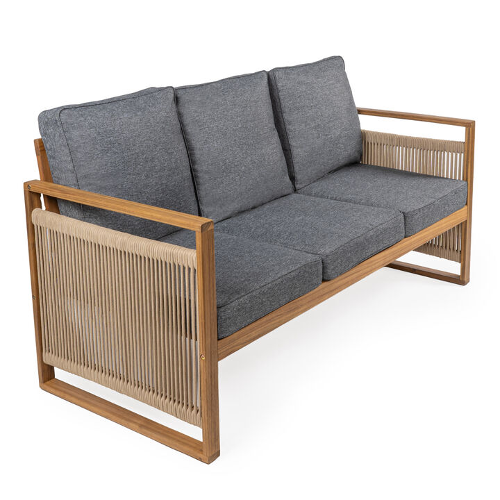 Gable 3-Seat Mid-Century Modern Roped Acacia Wood Outdoor Sofa with Cushions, Beige/Light Teak