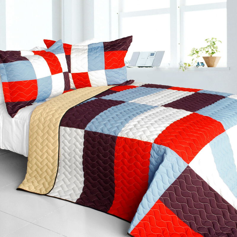 Vermicelli Quilted Geometric Patchwork Quilt Set Queen Size Modern Bedding Set image number 0