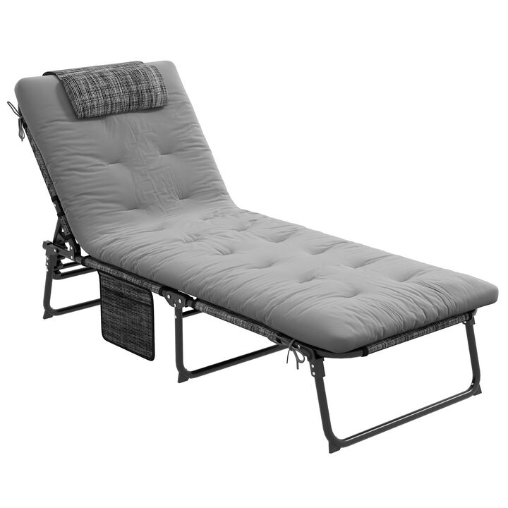 Outsunny Folding Chaise Lounge with 4-level Reclining Back, Outdoor Tanning Chair with Cushion, Outdoor Lounge Chair with Breathable Mesh Fabric, Side Pocket, Headrest, Gray