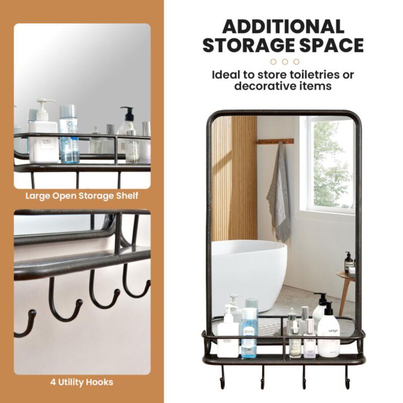Hivvago Wall Bathroom Mirror with Shelf Hooks Sturdy Metal Frame for Bedroom Living Room