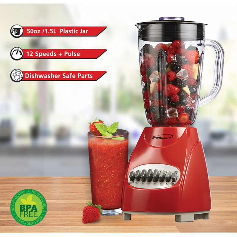 Brentwood 12 Speed Blender with Plastic Jar in Red image number 6