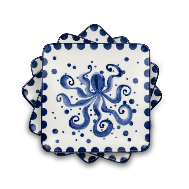 Euro Ceramica Costa Azul 4-Piece Hand-Painted Octopus design Ceramic Canapes Appetizers Plates Set