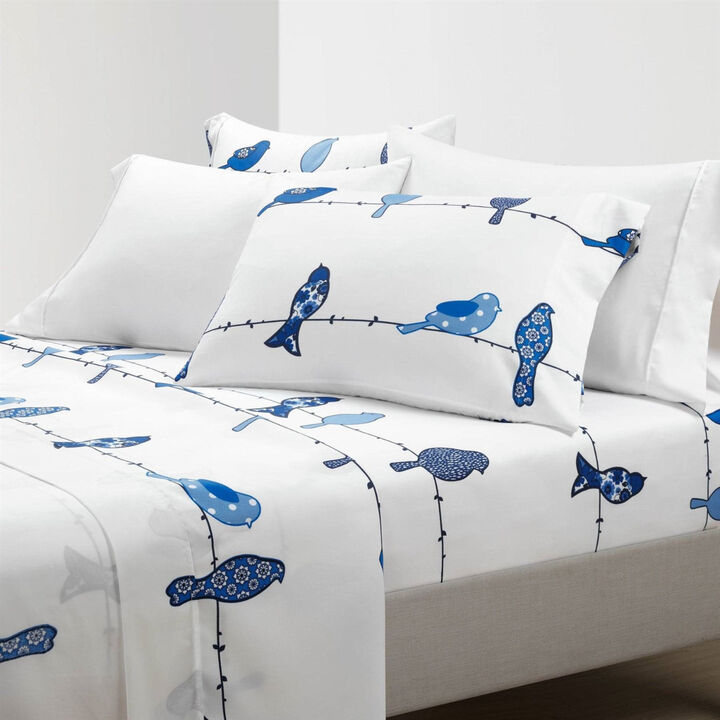 Floral Bird Print Polyester Bed Sheet Set &ndash; 6 Pieces with Extra Pillowcases