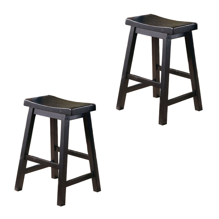 Wooden 24" Counter Height Stool with Saddle Seat, Black, Set of 2 - Benzara