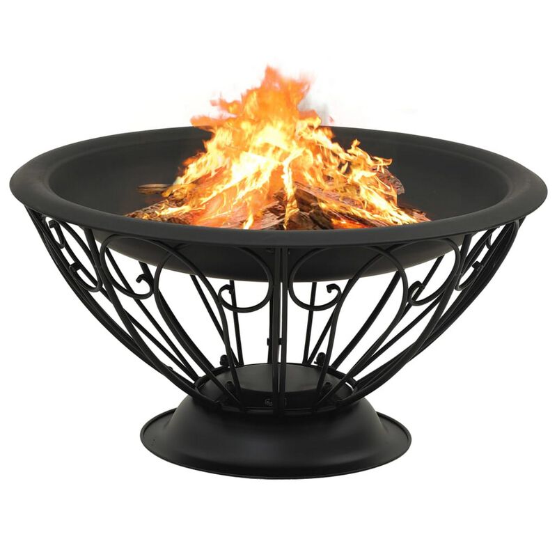 Outdoor Fire Pit with Poker and Mesh Cover, 30 Inch Black Steel Frame - Benzara