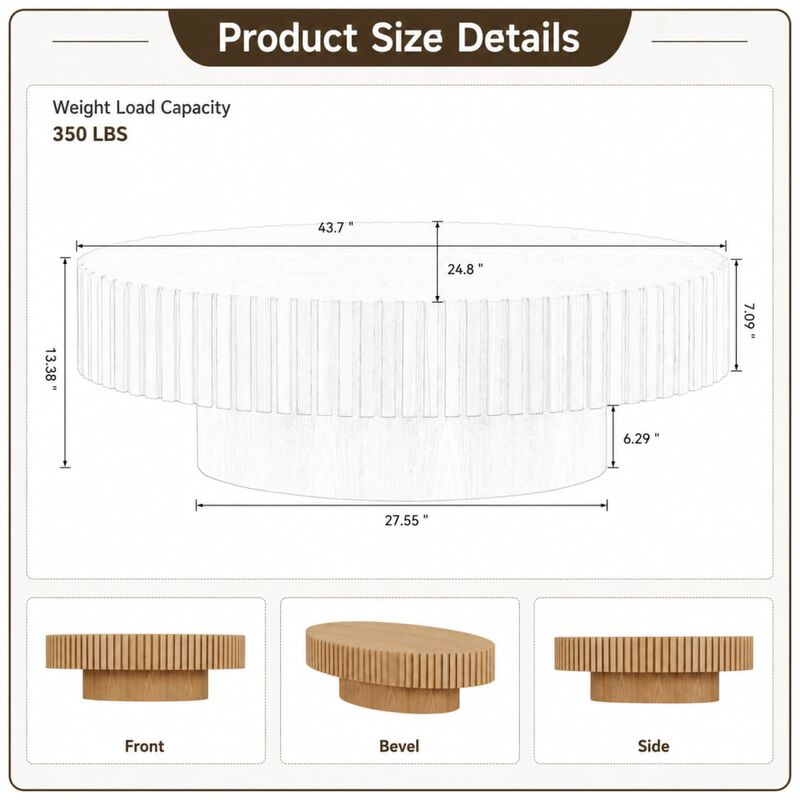 GOODSILO Modern Elliptical Drum Coffee Table with Sturdy Pedestal Base, 43.7 Inch Space Saving Oval Accent Table for Living Room and Bedroom Use image number 1