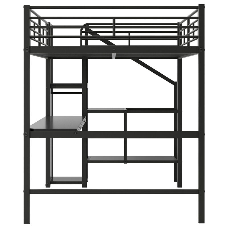 Merax Metal Loft Bed with Desk, Storage Staircase, Small Wardrobe and LED Light,Black