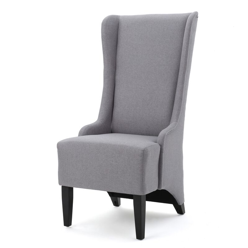 Becca Dining Chair, High Wingback Brown Birch Wood, Light Gray Fabric - Benzara