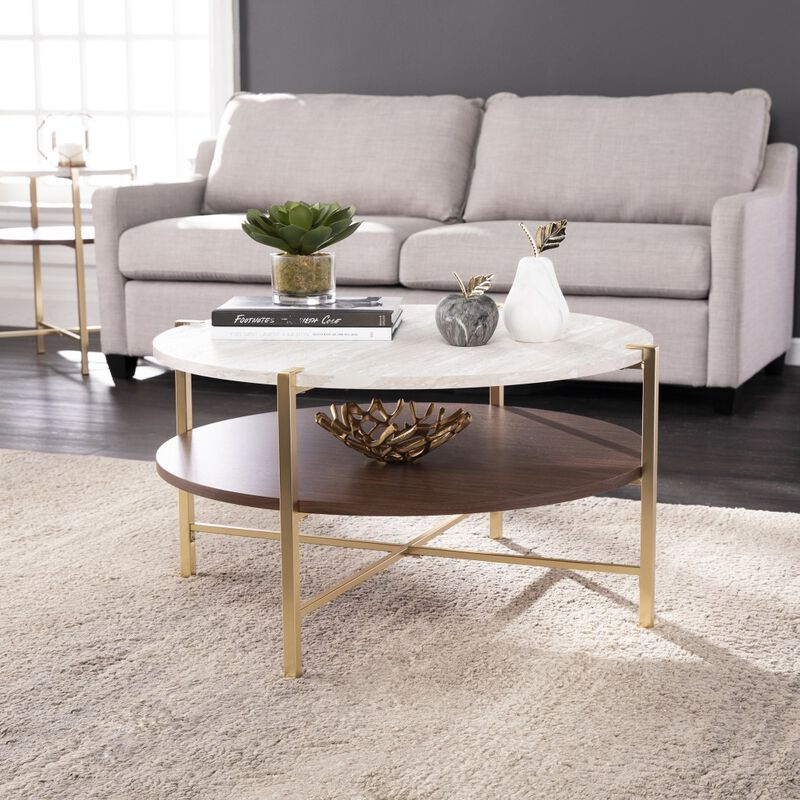 Hivvago 33 Inch  Brass Solid Manufactured Wood And Metal Round Coffee Table