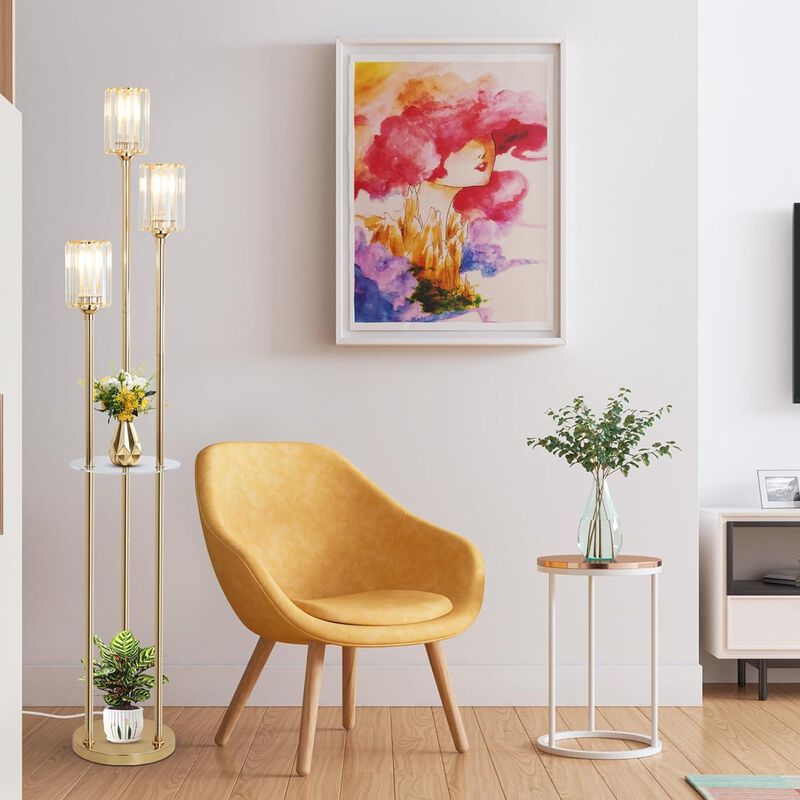 ELEMENT ACE Modern Mid-Century Floor Lamp with Built-In Storage Shelves, Crystal Shade, Stable Base, and Convenient Foot Switch Ideal for Living Room, Bedroom, Corner Spaces image number 3