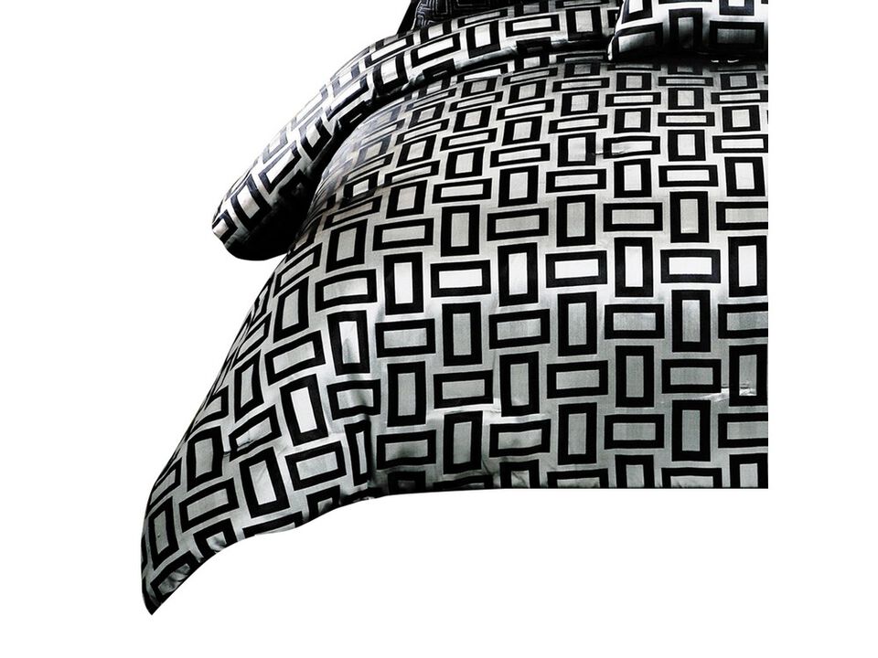 6 Piece Polyester Queen Comforter Set with Geometric Print, Gray and Black - Benzara