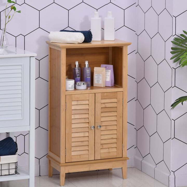 Natural Bamboo Organizer: Floor Cabinet with Multiple Shelves and Doors