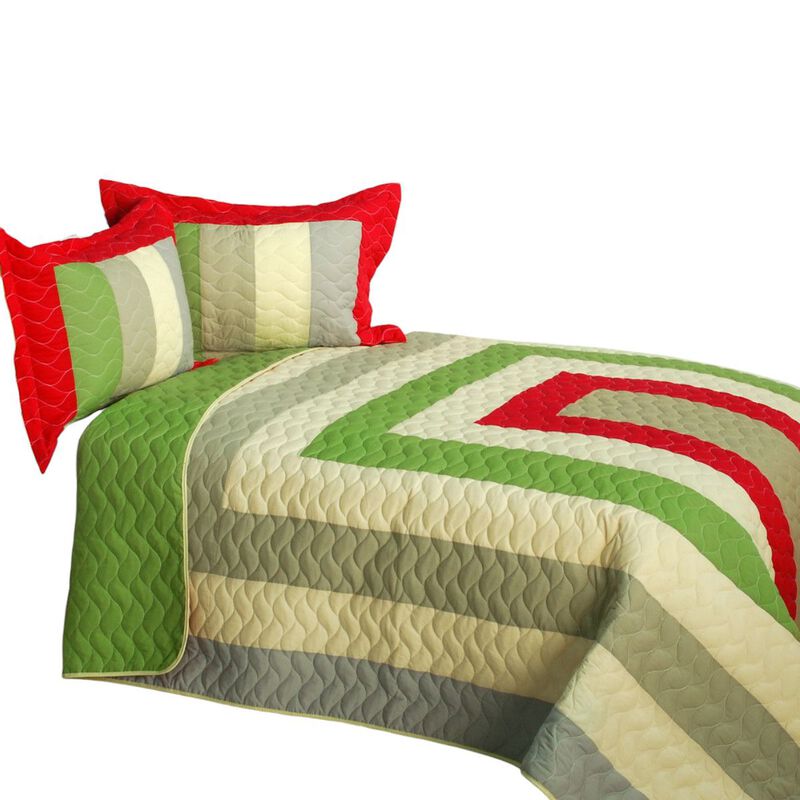Queen Size 3PC Geometric Patchwork Quilt Set with Quilted Stitch Detail-Green image number 1