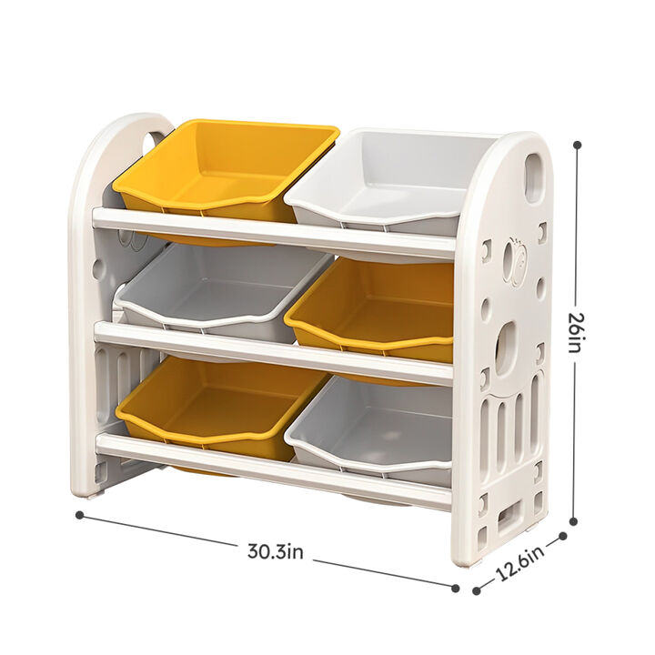 Kids Toy Storage Organizer with 6 Bins, Multi-functional Nursery Organizer Kids Furniture Set Toy Storage Cabinet Unit with HDPE Shelf and Bins for Playroom, Bedroom, Living Room (Yellow White Color)