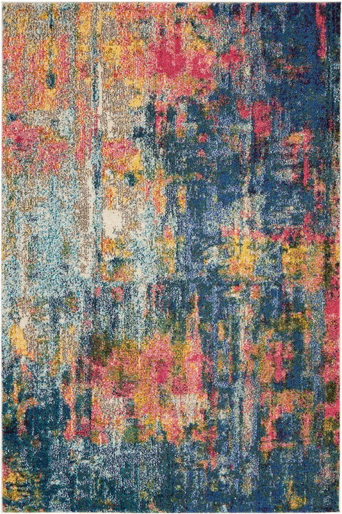 4 X 6 Blue And Yellow Abstract Power Loom Non Skid Area Rug