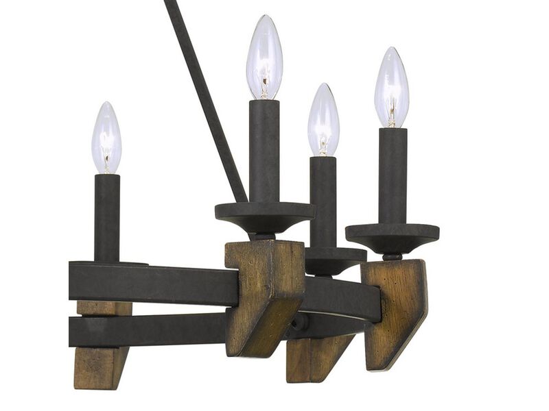 9 Bulb Round Metal Chandelier with Candle Lights and Wooden accents, Black - Benzara image number 3