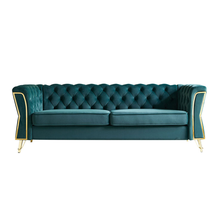 Modern Tufted Velvet Sofa 87.4 inch for Living Room Green Color