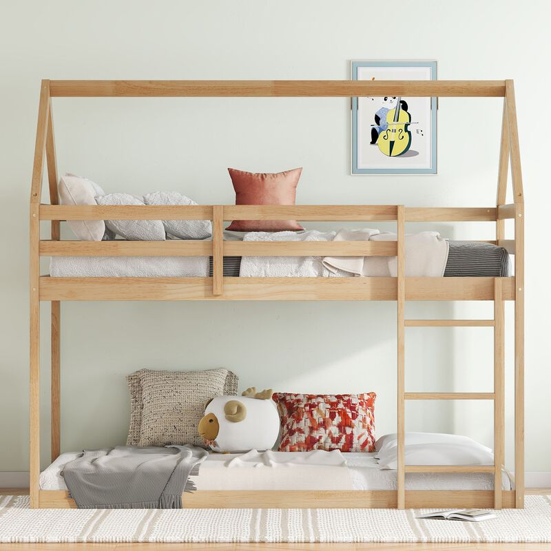 Whisen Twin over Twin Rubber Wood House-Shaped Floor Bunk Bed with ladder and Safety Guardrails - Gray