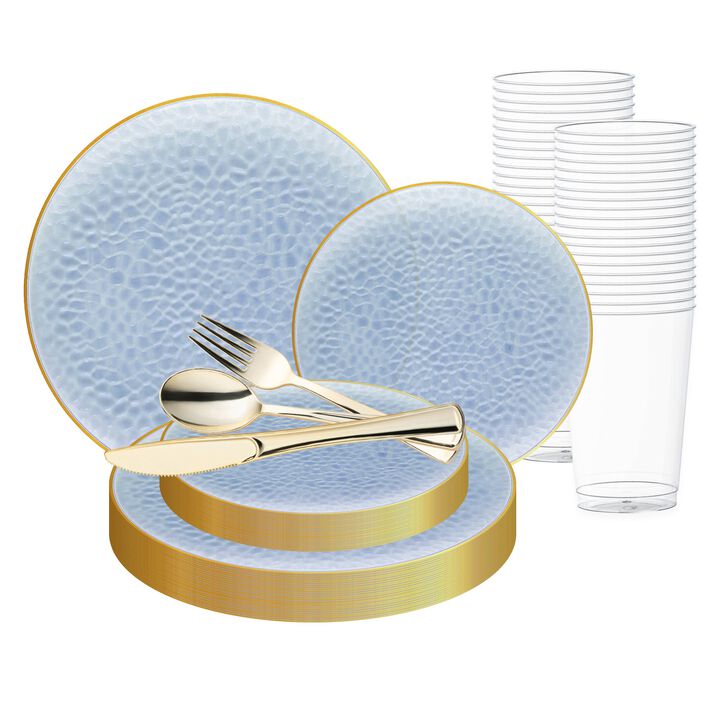 Clear Blue with Gold Rim Hammered Glass Plastic Wedding Value Set (60 Sets)